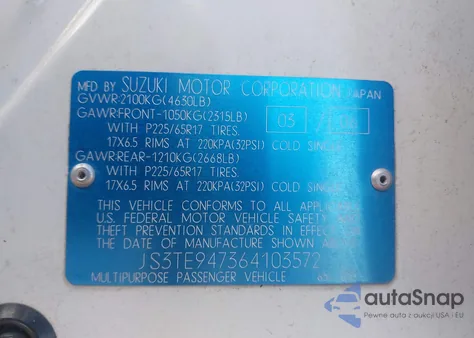 2006 Suzuki Grand Vitara Luxury z USA, uszkodzony, nr VIN JS3TE947364103572